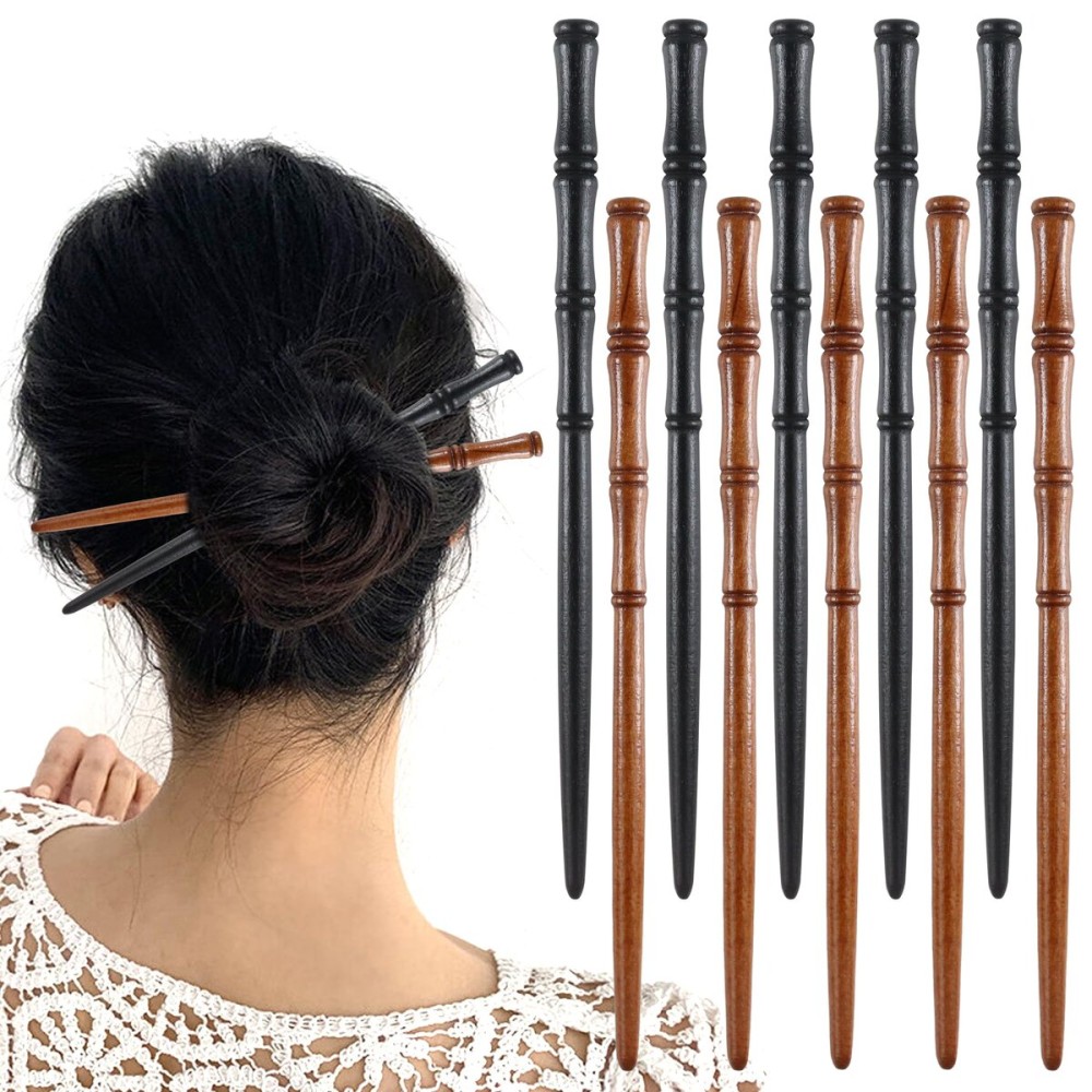 10 Pcs Retro Hair Chopsticks for Women Wooden Hairpin for Buns Bamboo Shape Hair Pins for Long Hair Hair Accessories for Women Girls Daily Hair Decoration(Black, Brown)