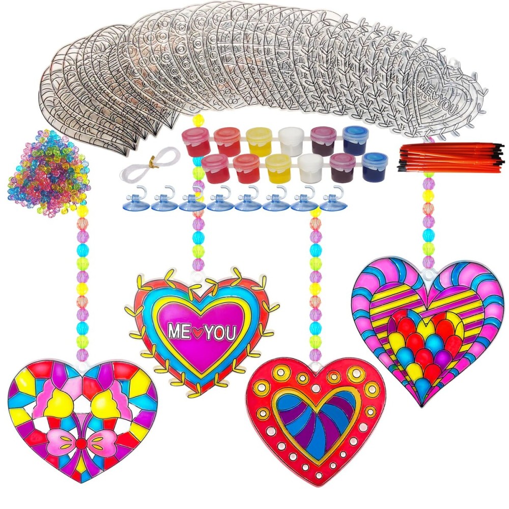 28 Sets Heart Suncatchers for Windows Valentine\'s Day Suncatcher Craft Kits DIY Window Paint Art Heart Sun Catchers for Classroom Art Craft Mother\'s Day Party Supplies