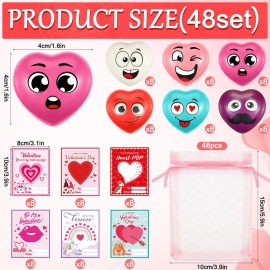 Halloscume 48 Sets Valentine Heart Stress Ball Bulk with Organza Bags and Valentine Cards Stress Relief Fidget Toy Heart Fidget Toy for Valentine Party Favors Classroom Prize Exchange Gifts