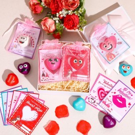 Halloscume 48 Sets Valentine Heart Stress Ball Bulk with Organza Bags and Valentine Cards Stress Relief Fidget Toy Heart Fidget Toy for Valentine Party Favors Classroom Prize Exchange Gifts