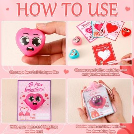 Halloscume 48 Sets Valentine Heart Stress Ball Bulk with Organza Bags and Valentine Cards Stress Relief Fidget Toy Heart Fidget Toy for Valentine Party Favors Classroom Prize Exchange Gifts