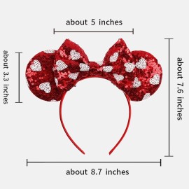 Mouse Ears Headbands Glitter Bow Valentines Day Headband Red Sequin Hair Band with Heart Patterns, Mouse Ears Hair Hoop Party Hair Accessories for Girls Women New Year Wedding Birthday Gift 1PCS