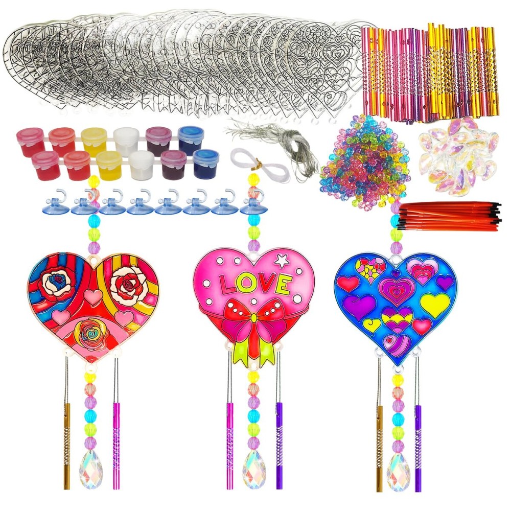 Ayhuhra 24 Sets Valentine\'s Heart Suncatcher Wind Chimes DIY Window Paint Art Craft Kits Crystal Pendant Heart Sun Catchers for Valentine\'s Day & Mother\'s Day Gifts Art Project