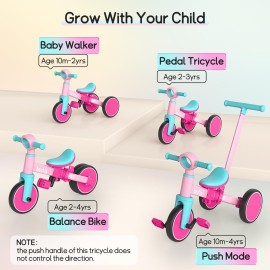 Bautia Kids Tricycle with Push Handle for Toddlers 1-4 Years Old Boys Girls Gift, 5 in 1 Baby Balance Bike for Toddlers 1-3 with Removable Pedals (No Parent Steering Version)