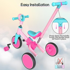 Bautia Kids Tricycle with Push Handle for Toddlers 1-4 Years Old Boys Girls Gift, 5 in 1 Baby Balance Bike for Toddlers 1-3 with Removable Pedals (No Parent Steering Version)