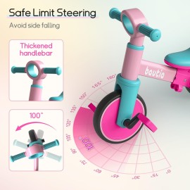 Bautia Kids Tricycle with Push Handle for Toddlers 1-4 Years Old Boys Girls Gift, 5 in 1 Baby Balance Bike for Toddlers 1-3 with Removable Pedals (No Parent Steering Version)