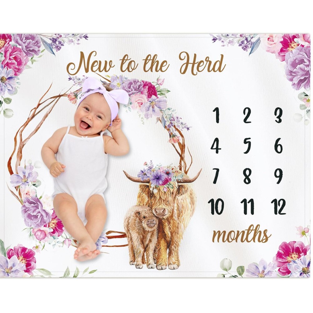 CraftyDream Highland Cow Baby Monthly Milestone 40 x 50\'\' Blanket Scotland Flower Prop Blanket for Baby Girl Highland Cow Newborn Infant Swaddle for Boys Girls Nursery