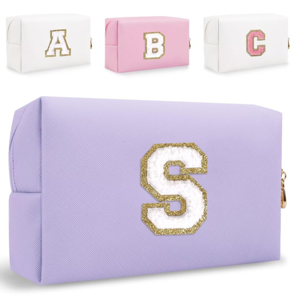 Small Personalized Letter Makeup Bag, Cute PU Leather Chenille Letters Cosmetic Bag Travel Makeup Pouch, Preppy Travel Organizer Zipper Pouch for Women&GirlsPurple-S