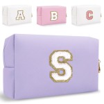 Small Personalized Letter Makeup Bag, Cute PU Leather Chenille Letters Cosmetic Bag Travel Makeup Pouch, Preppy Travel Organizer Zipper Pouch for Women&GirlsPurple-S