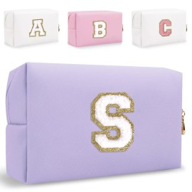 Small Personalized Letter Makeup Bag, Cute PU Leather Chenille Letters Cosmetic Bag Travel Makeup Pouch, Preppy Travel Organizer Zipper Pouch for Women&GirlsPurple-S