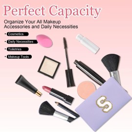 Small Personalized Letter Makeup Bag, Cute PU Leather Chenille Letters Cosmetic Bag Travel Makeup Pouch, Preppy Travel Organizer Zipper Pouch for Women&GirlsPurple-S