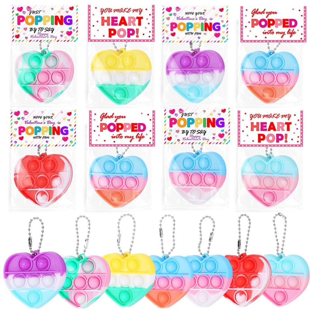 HEMEIYU 28Pcs Heart Shape Pop Fidget Toy with Valentine\'sDay Card for Kids,Valentines School Classroom Exchange Kit for Kids, Party Favor Supplies for Kids Children