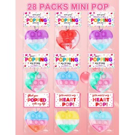 HEMEIYU 28Pcs Heart Shape Pop Fidget Toy with Valentine\'sDay Card for Kids,Valentines School Classroom Exchange Kit for Kids, Party Favor Supplies for Kids Children