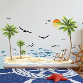 Palm Tree Wall Decals Watercolor Tropical Sea Waves Seagull Wall Stickers Peel and Stick Sunshine Beach Lounge Chairs Wall Decal Sticker Decal Bedroom Nursery Bathroom Kids Room Holiday Supply Decor