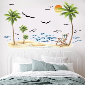 Palm Tree Wall Decals Watercolor Tropical Sea Waves Seagull Wall Stickers Peel and Stick Sunshine Beach Lounge Chairs Wall Decal Sticker Decal Bedroom Nursery Bathroom Kids Room Holiday Supply Decor