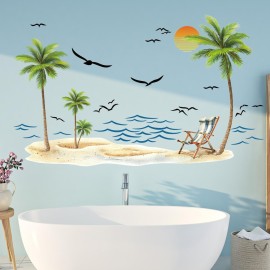 Palm Tree Wall Decals Watercolor Tropical Sea Waves Seagull Wall Stickers Peel and Stick Sunshine Beach Lounge Chairs Wall Decal Sticker Decal Bedroom Nursery Bathroom Kids Room Holiday Supply Decor