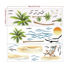Palm Tree Wall Decals Watercolor Tropical Sea Waves Seagull Wall Stickers Peel and Stick Sunshine Beach Lounge Chairs Wall Decal Sticker Decal Bedroom Nursery Bathroom Kids Room Holiday Supply Decor