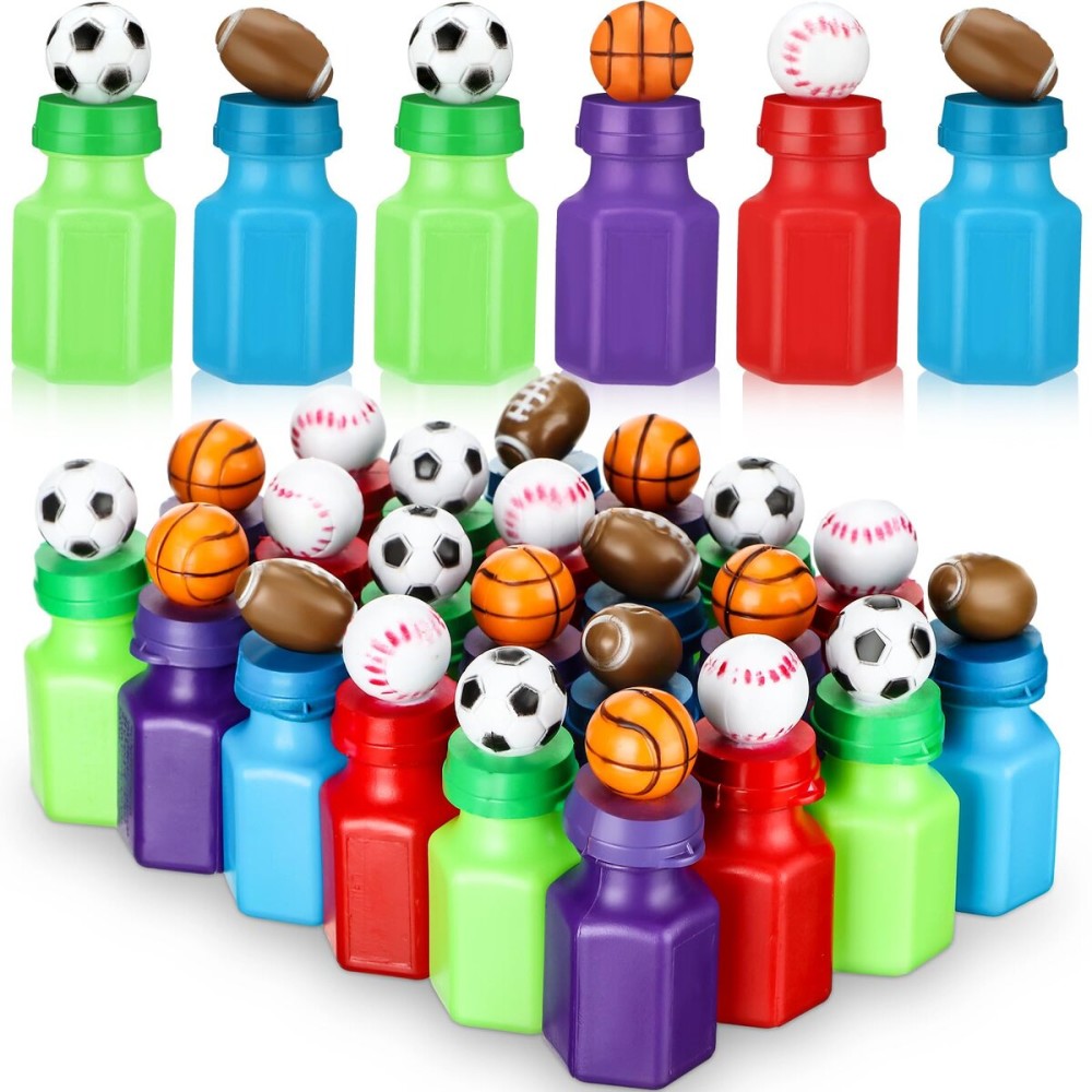 Simgoing 24 Pack Sport Balls Bubble Bottles Bulk Mini Bubbles Party Favors Assorted Balls Bubble Wand Bottles Soccer Basketball Football Baseball Sport Team Gift Bag Stuffers for Kids Outdoor Indoor