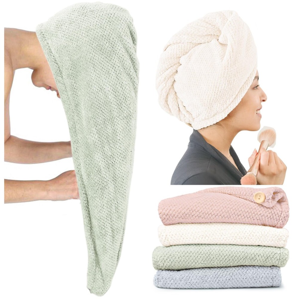 ROLSHOL Extra Large 4 Pack Microfiber Hair Towel Wrap for Women Super Absorbent & Quick Dry Hair Drying Towels with Button, Hair Turbans for Curly Hair Long & Short Hair - Anti-Frizz