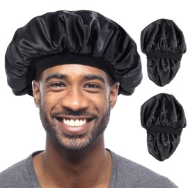 MoHern 2PCS Bonnets for Men, Double Layer Satin Hair Bonnet for Sleeping, Reversible Night Cap, for Curly Hair, Satin Bonnet for Black Men and Women (Black)