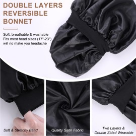 MoHern 2PCS Bonnets for Men, Double Layer Satin Hair Bonnet for Sleeping, Reversible Night Cap, for Curly Hair, Satin Bonnet for Black Men and Women (Black)