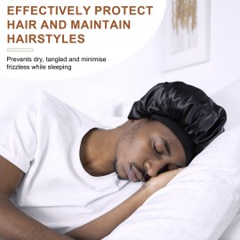 MoHern 2PCS Bonnets for Men, Double Layer Satin Hair Bonnet for Sleeping, Reversible Night Cap, for Curly Hair, Satin Bonnet for Black Men and Women (Black)