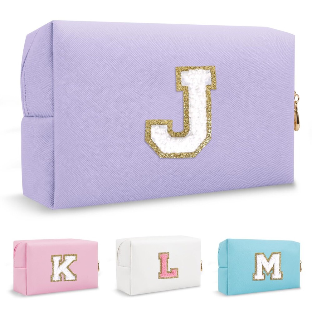 Personalized Preppy Small Travel Makeup Bag, Initial Purple Cute Chenille Letter Makeup Bag Cosmetic Zipper Pouch Toiletry Organizer,Waterproof PU Makeup Case Storage Preppy Stuff for Female(Letter J)