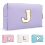 Personalized Preppy Small Travel Makeup Bag, Initial Purple Cute Chenille Letter Makeup Bag Cosmetic Zipper Pouch Toiletry Organizer,Waterproof PU Makeup Case Storage Preppy Stuff for Female(Letter J)