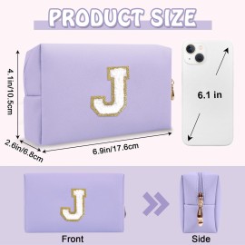 Personalized Preppy Small Travel Makeup Bag, Initial Purple Cute Chenille Letter Makeup Bag Cosmetic Zipper Pouch Toiletry Organizer,Waterproof PU Makeup Case Storage Preppy Stuff for Female(Letter J)