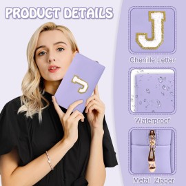Personalized Preppy Small Travel Makeup Bag, Initial Purple Cute Chenille Letter Makeup Bag Cosmetic Zipper Pouch Toiletry Organizer,Waterproof PU Makeup Case Storage Preppy Stuff for Female(Letter J)
