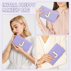 Personalized Preppy Small Travel Makeup Bag, Initial Purple Cute Chenille Letter Makeup Bag Cosmetic Zipper Pouch Toiletry Organizer,Waterproof PU Makeup Case Storage Preppy Stuff for Female(Letter J)