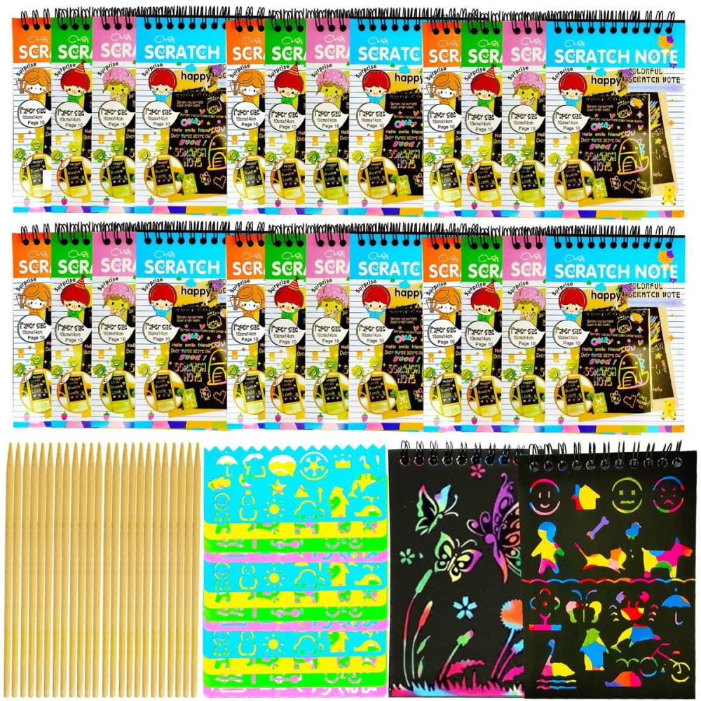 smilixin 24 Pack Scratch Notebooks,Rainbow Scratch Paper Art Notebooks,Scratch Note Pads for Kids Rainbow Party Favors,Scratch Arts and Crafts Notebooks with 24 Wooden Stylus & 12 Drawing Stencils