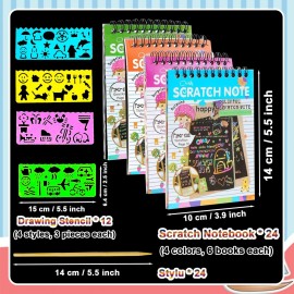 smilixin 24 Pack Scratch Notebooks,Rainbow Scratch Paper Art Notebooks,Scratch Note Pads for Kids Rainbow Party Favors,Scratch Arts and Crafts Notebooks with 24 Wooden Stylus & 12 Drawing Stencils