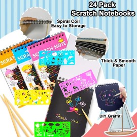 smilixin 24 Pack Scratch Notebooks,Rainbow Scratch Paper Art Notebooks,Scratch Note Pads for Kids Rainbow Party Favors,Scratch Arts and Crafts Notebooks with 24 Wooden Stylus & 12 Drawing Stencils