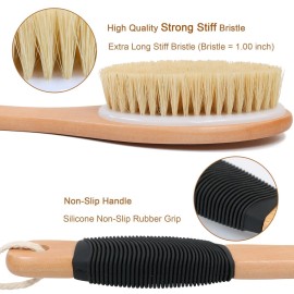 OWIIZI Back Scrubber Brush for Shower, Long Stiff Bristle Body Bath Brushes, Wooden Curved Long Handle Skin Exfoliator for Men Women Wet or Dry Use