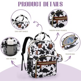 Tuwubi Diaper Bag Backpack, Baby Essentials Travel Tote Bag, Multi function Waterproof Backpacks, Travel Essentials with Stroller Straps & Pacifier Case - Cow Print