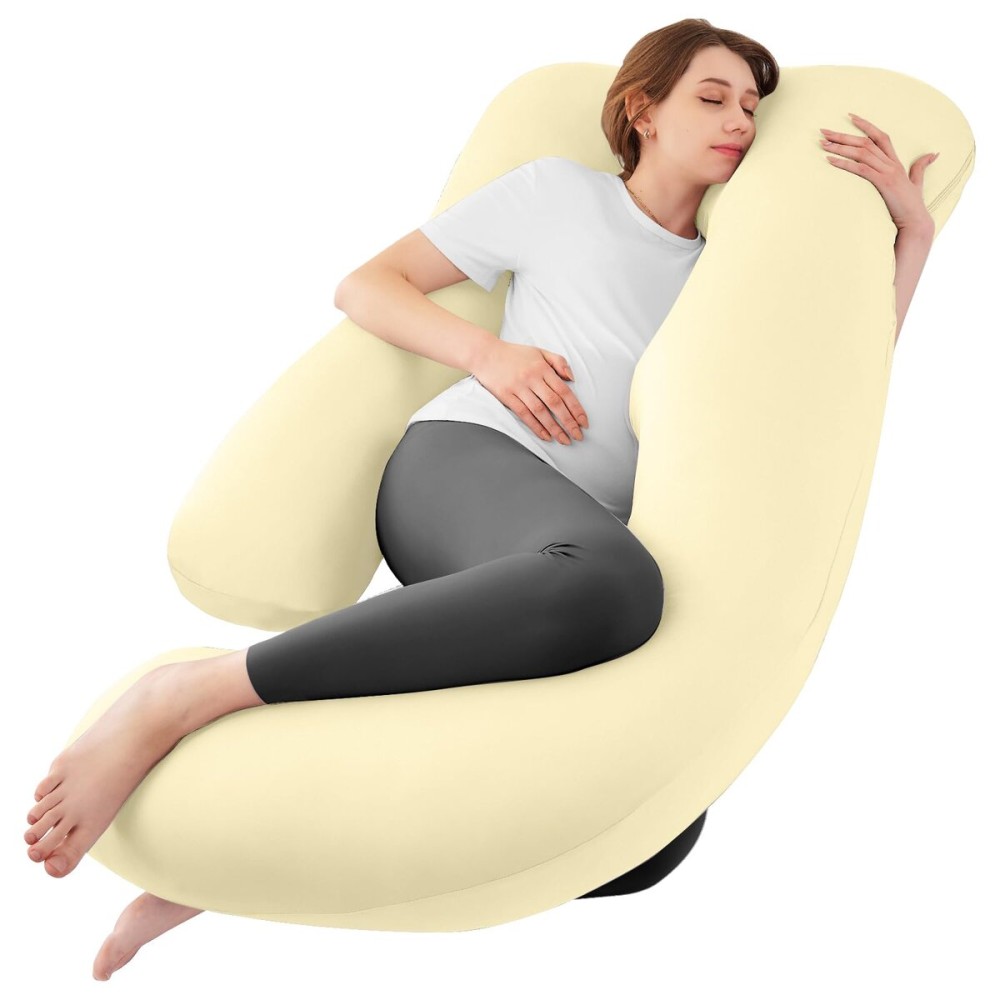 Sasttie Pregnancy Pillows for Sleeping, U Shaped Cooling Full Body Pregnancy Must Haves, 57 Inch Maternity Pillow for Pregnant Women, Pillow with Removable Cover for Side Sleeper, Light Yellow