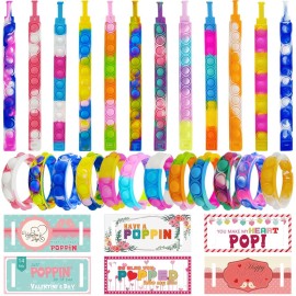 PRAABDC 24 Pcs Valentines Day Pop Bracelet with 24Pcs Cards, Multi Color Pop Bubble Fidget Toys for School,Pop Wristband Fidget Bulk Easter Basket Stuffers Party Favor Prizes