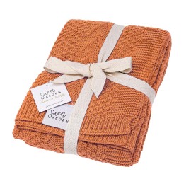 Sweet Acorn Knit Baby Blanket in Cable Pattern, Organic Cotton Blankets for Crib or Stroller, Receiving Blankets - Sunset Orange