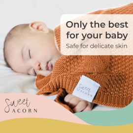 Sweet Acorn Knit Baby Blanket in Cable Pattern, Organic Cotton Blankets for Crib or Stroller, Receiving Blankets - Sunset Orange