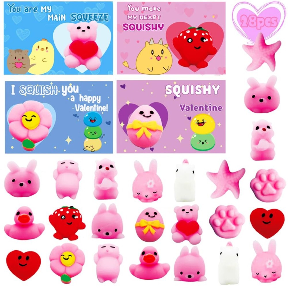 28 Packs Kawaii Mochi Squishy Toys with Valentines Gift Cards, Squishies Stress Relief Fidget for Kids Classroom Exchange Gifts School Prizes Valentine Party Favor