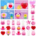 28 Packs Kawaii Mochi Squishy Toys with Valentines Gift Cards, Squishies Stress Relief Fidget for Kids Classroom Exchange Gifts School Prizes Valentine Party Favor