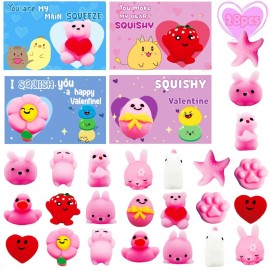 28 Packs Kawaii Mochi Squishy Toys with Valentines Gift Cards, Squishies Stress Relief Fidget for Kids Classroom Exchange Gifts School Prizes Valentine Party Favor