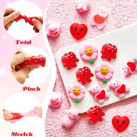 28 Packs Kawaii Mochi Squishy Toys with Valentines Gift Cards, Squishies Stress Relief Fidget for Kids Classroom Exchange Gifts School Prizes Valentine Party Favor