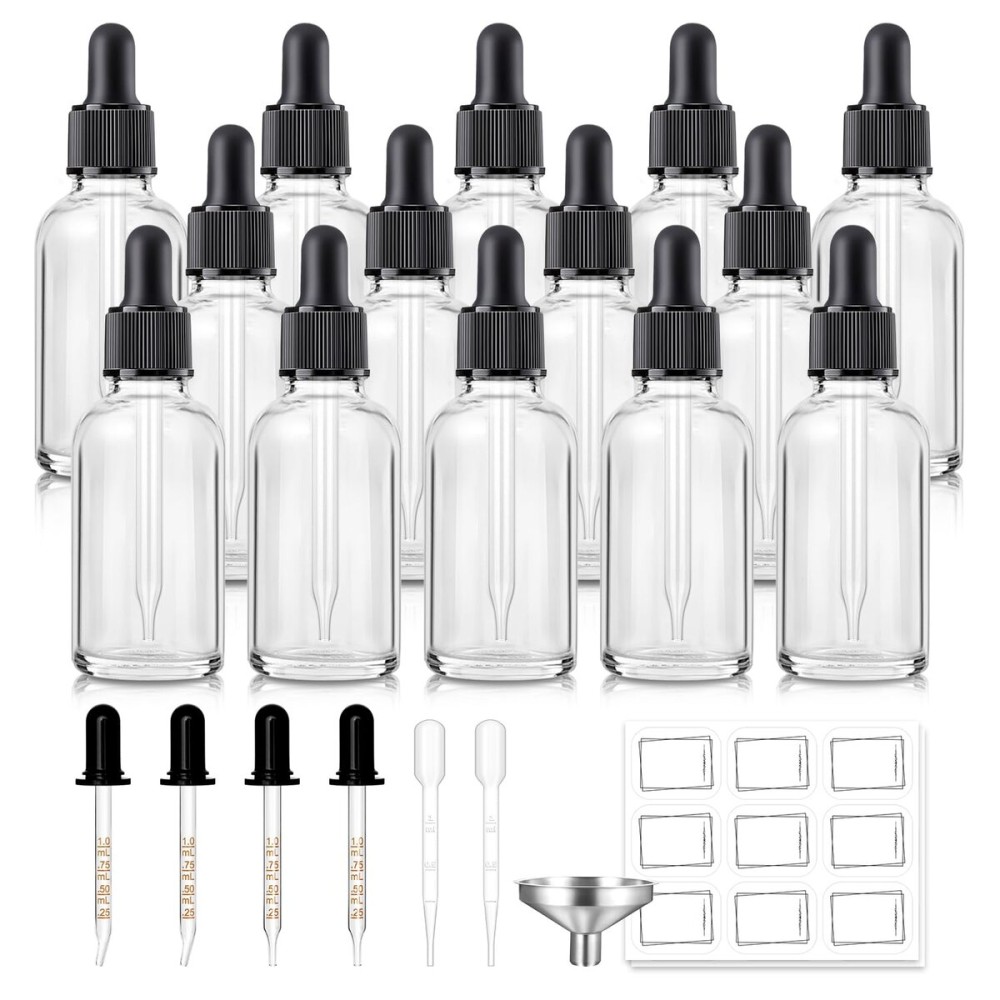 14 Pack, 1 oz Tincture Bottles with Dropper, Clear Glass Dropper Bottle with Stainless Steel Funnel, Pipettes & Labels, 30 ml Eye Dropper Bottles leakrproof For Essential Oils Serums Hair Body Oils