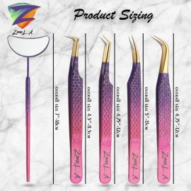 Zane L.A. Nano Fiber Tip Professional Eyelash Extension Tweezers, a pack of 4, Quality tweezers made with Japanese Stainless Steel, includes Stylish Half Moon Mirror. (Multi-Color)