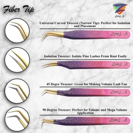 Zane L.A. Nano Fiber Tip Professional Eyelash Extension Tweezers, a pack of 4, Quality tweezers made with Japanese Stainless Steel, includes Stylish Half Moon Mirror. (Multi-Color)