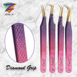 Zane L.A. Nano Fiber Tip Professional Eyelash Extension Tweezers, a pack of 4, Quality tweezers made with Japanese Stainless Steel, includes Stylish Half Moon Mirror. (Multi-Color)