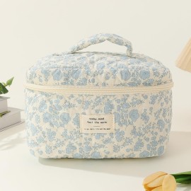 Juoxeepy Quilted Makeup Bag Floral Cotton Cosmetic Bag Jolly House Toiletry Bag Coquette Aesthetic Makeup Bag Cosmetic Pouch Bag
