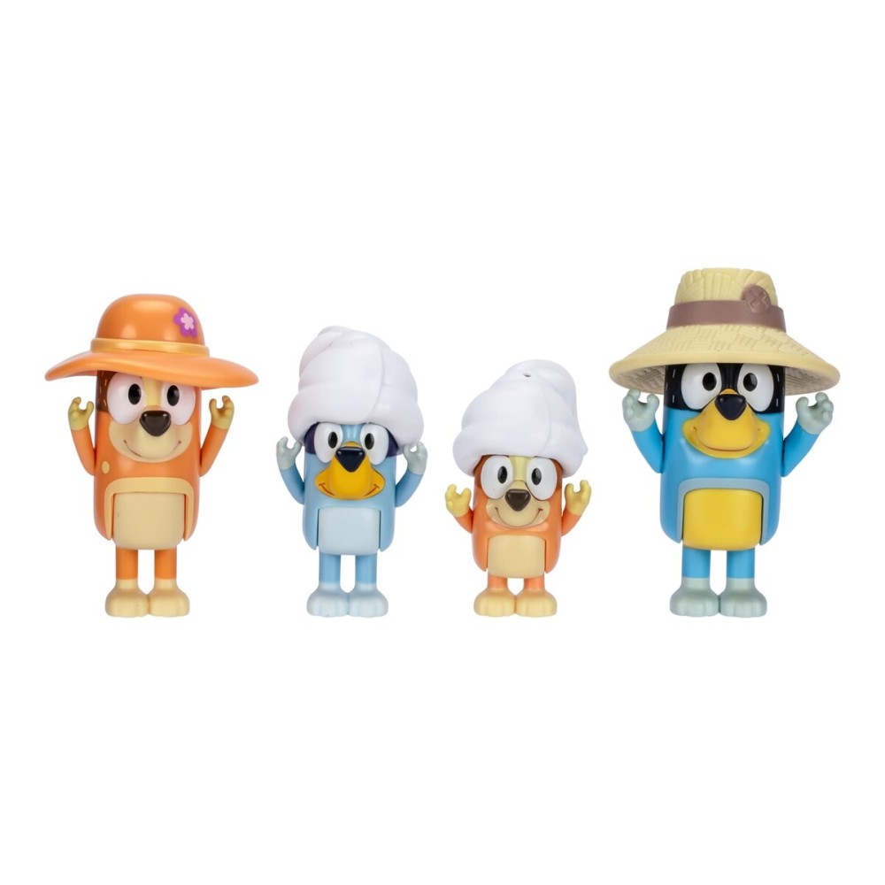 Bluey Figure 4-Packs, Family Trip, 2.5 Inch Poseable, Bingo, Bandit and Chilli, with Accessories, Kids Can Recreate Their Favorite Moments